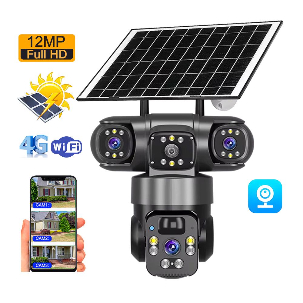 Echte 360° kabellose Solar-Überwachungskamera mit Dreifachobjektiv & 4G mobilem Fernzugriff