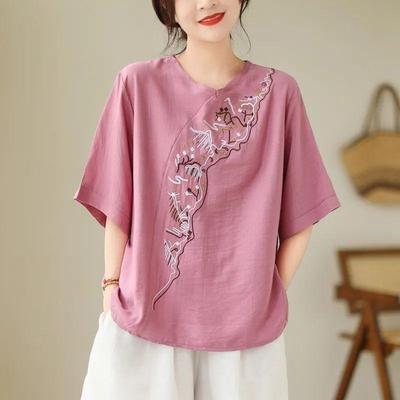 Chemisier d'été en coton et lin pour femme, haut brodé rétro de style ethnique, couleur unie, style chinois, grande taille, ample et respirant