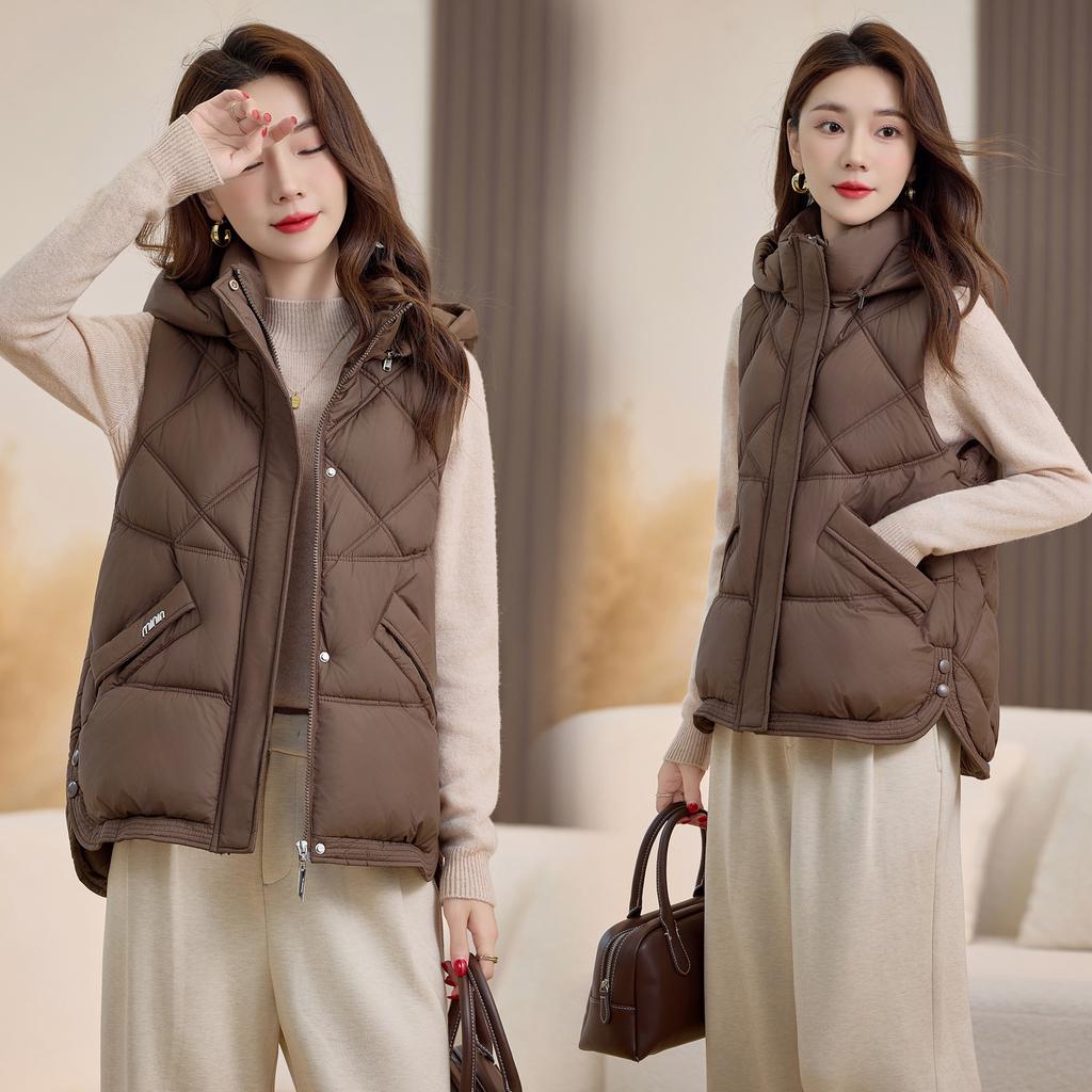 New Lingge Autumn and Winter Women's Lightweight Sleeveless Vest Hooded Solid Color Thickened Warm Sports Casual Loose Lightweight Jacket