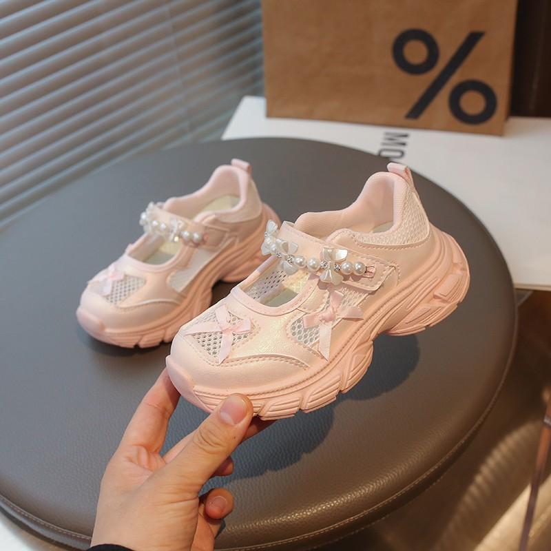 Girls Pink Pearl Bow Decor Breathable Mesh Sneakers 26 розовый