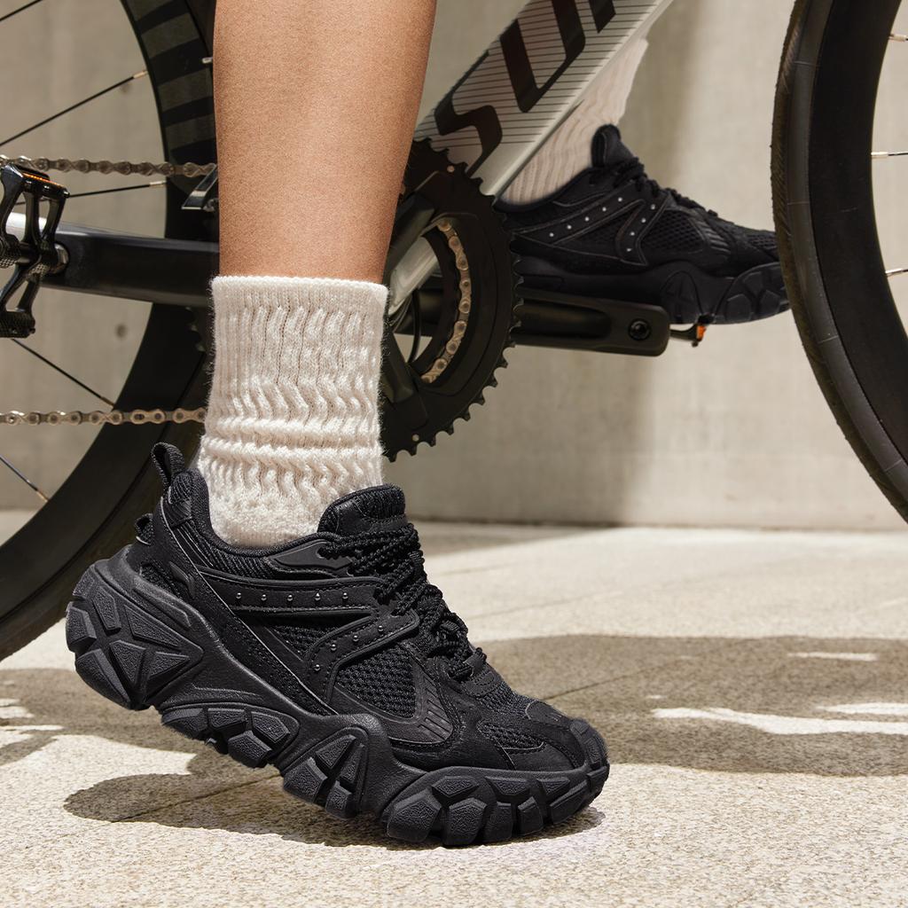 Li Ning Dune Retro Thick Sole Comfortable Shock Absorbing Non-Slip Wear-Resistant Breathable Low-Top Casual Shoes Women sneaker Black AGCU328-3