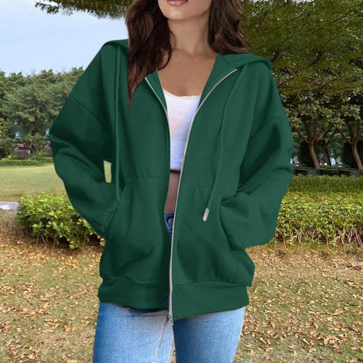 Women's Casual Solid Color Long Sleeve Zippered Hooded Sweatshirt Fashion Top