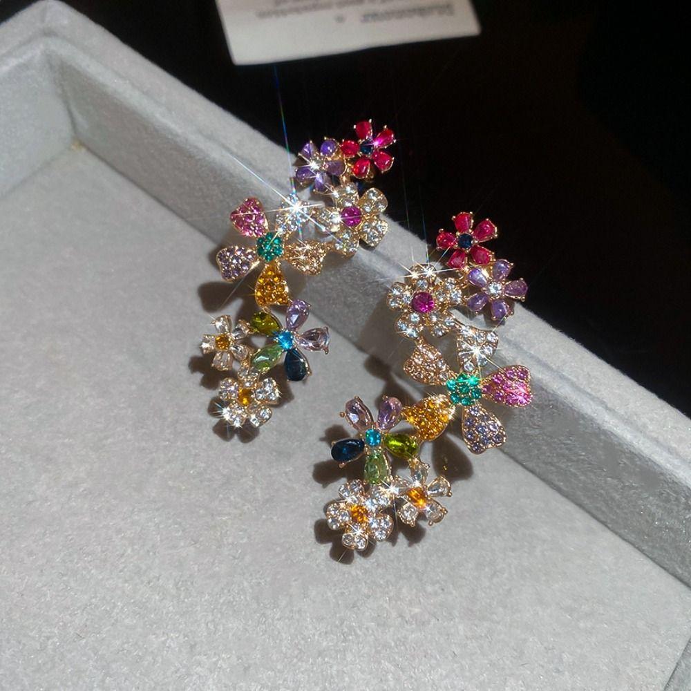 Sweet Shining Flower Earrings Colored Sweet Ear Clips Fashion Rhinestone Flower Earrings  Women