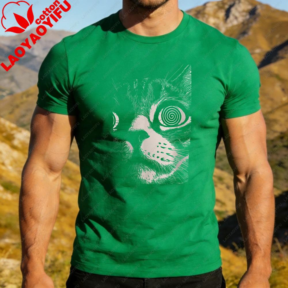 Hypno Cat Spiralaugen Grafik T-Shirt Herren Baumwolle Lustig Katzenliebhaber Kurzarm Tee Psychedelisch Meme Lässig Outdoor Tägliches Outfit
