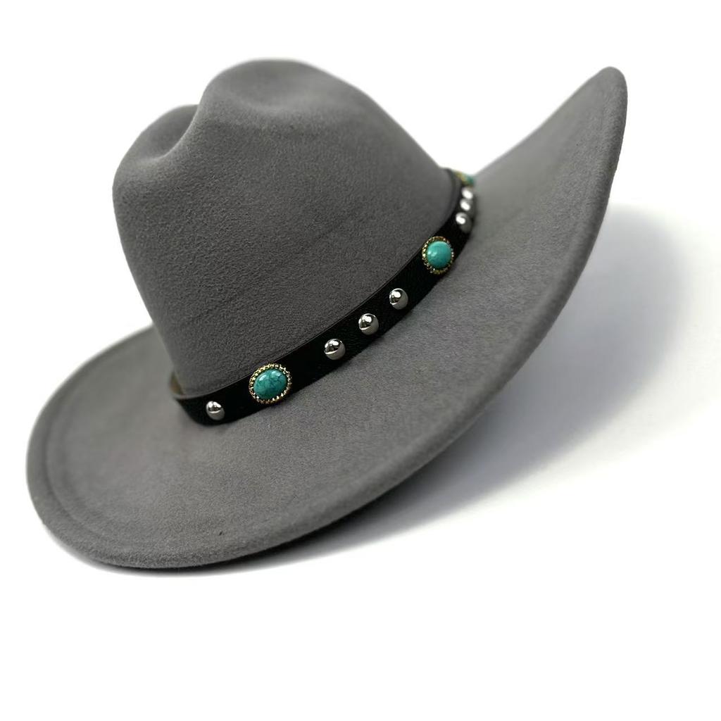 New Western Cowboy Hat, Black Woolen Jazz Top Hat, Four Seasons Men'S And Women'S Turquoise Crimped Felt Hat