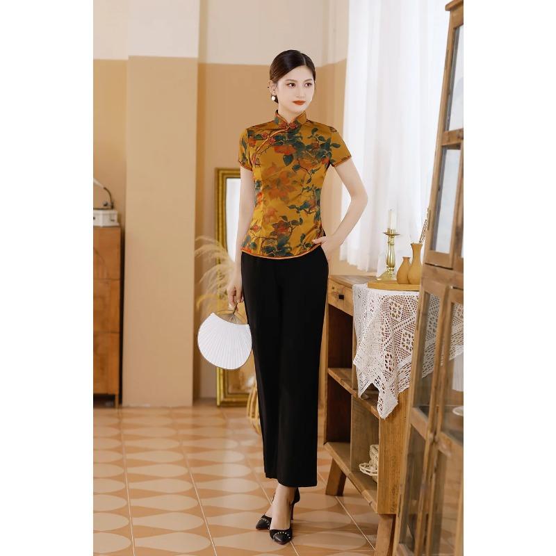 Blusa Elegante de Satén para Mujer Estampado de Flores Camisa Cheongsam Estilo Chino Tradicional Ropa Tang Disfraz de Verano Otoño