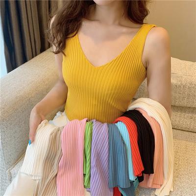 Camiseta de punto con cuello en V y capa inferior, corte ajustado para uso en verano, top corto sin mangas para mujer