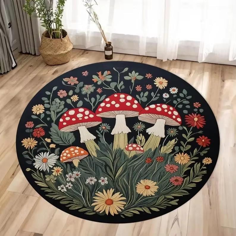 Round Black Carpet Dreamy Colored Mushroom Pattern Rug Living Room Bedroom Anti Slip Dirt Resistant Floor Mat Home Decoration