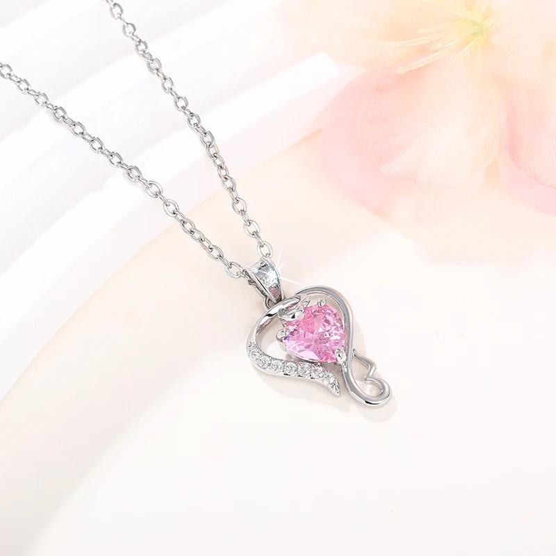 Xiaomi Huitan Temperament Sweet Bridal Wedding Necklace Heart Pink CZ Pendant Luxury Silver Color Aesthetic Love Jewelry for Women