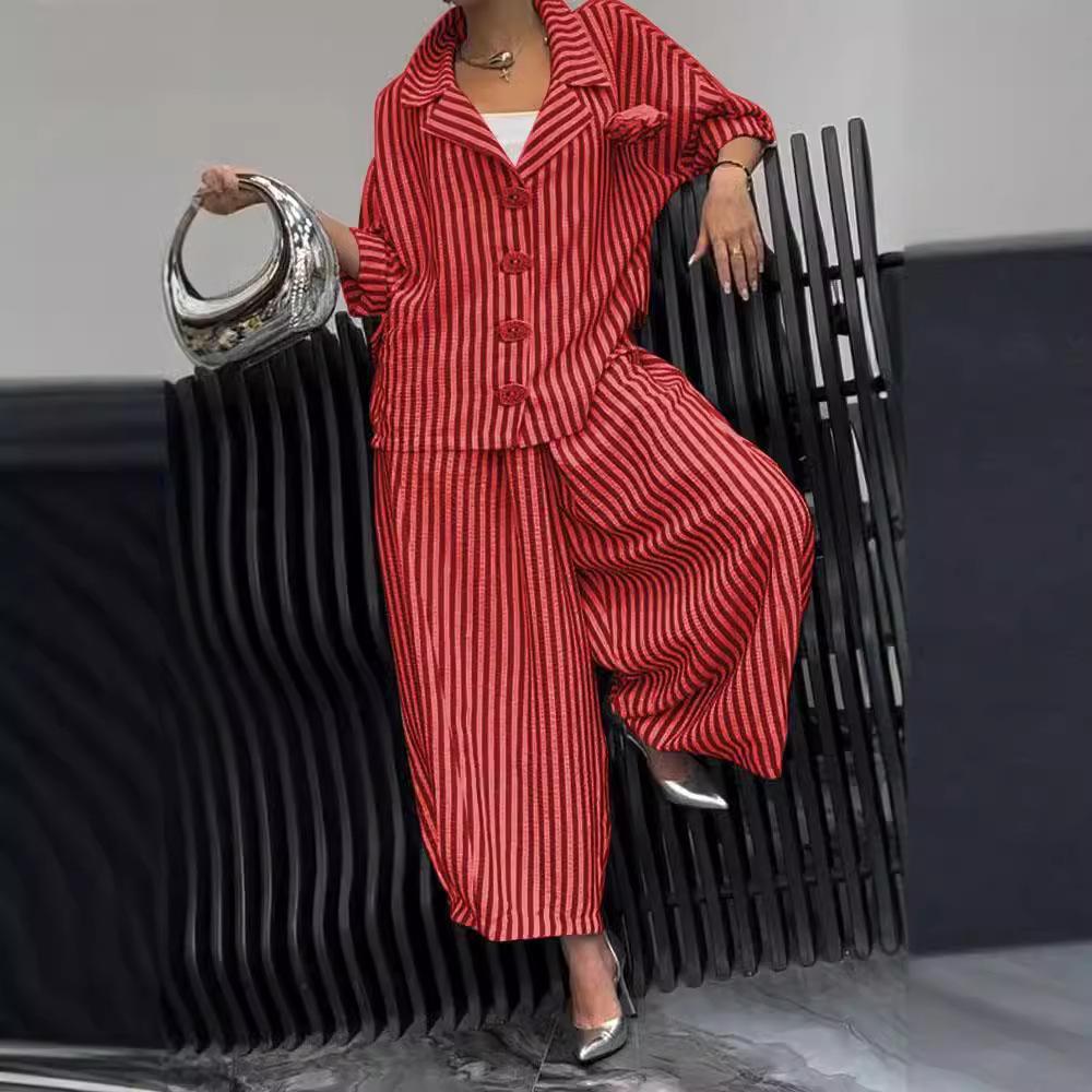 Spring Fall Women's 2 Piece Set Suit Office Lady Floral Striped Loose Blazer Casual Wide Leg Pants Suits for Women Clothing