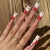 Heart-Shaped Rhinestone Bow Nail Art - Valentine's Day French Long Tips