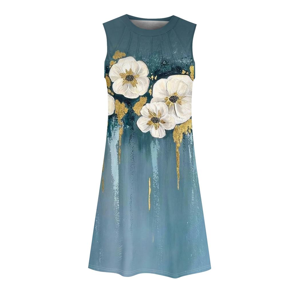 Abiti estivi casual da donna con scollo a U e stampa senza maniche