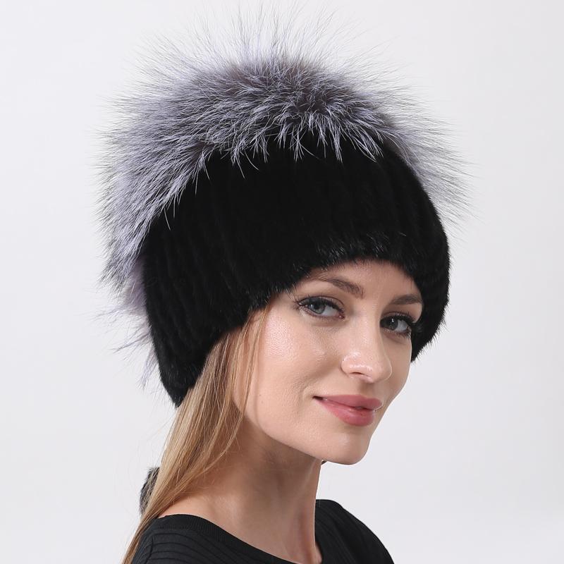 Knitted Hat With Mink And Pompom Natural Fox Fur Winter Warm Hats For Women Real Fur Beanie