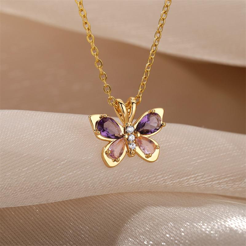 New Fashion Love Memory Copper Zircon Butterfly Pendant Necklace For Women Cute Romantic Female Neck Chain Ladies Jewelry Gifts