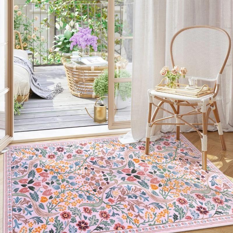 Bohemian Floral Rug Vibrant Blossom Floral Living Room Area Rug Minimalist Bedroom Decorative Rug Washable Rug Anti-slip Rug