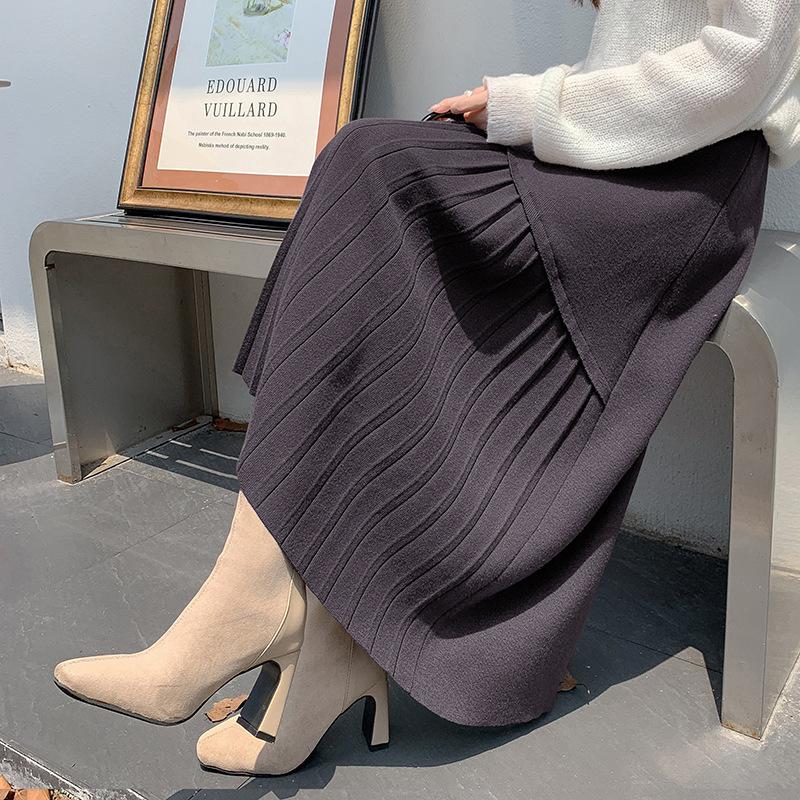 Black Knit Skirt Female Autumn and Winter High Waist A-line Skirt Long Slim Irregular Pleated Skirt