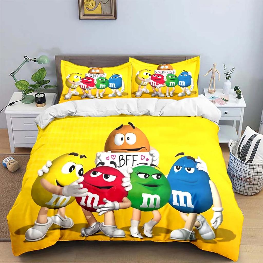 Set di biancheria da letto con stampa del logo del cioccolato M&M alla moda, set di biancheria da letto squisito, set copripiumino, set di piumoni, set di biancheria da letto, regalo per bambini