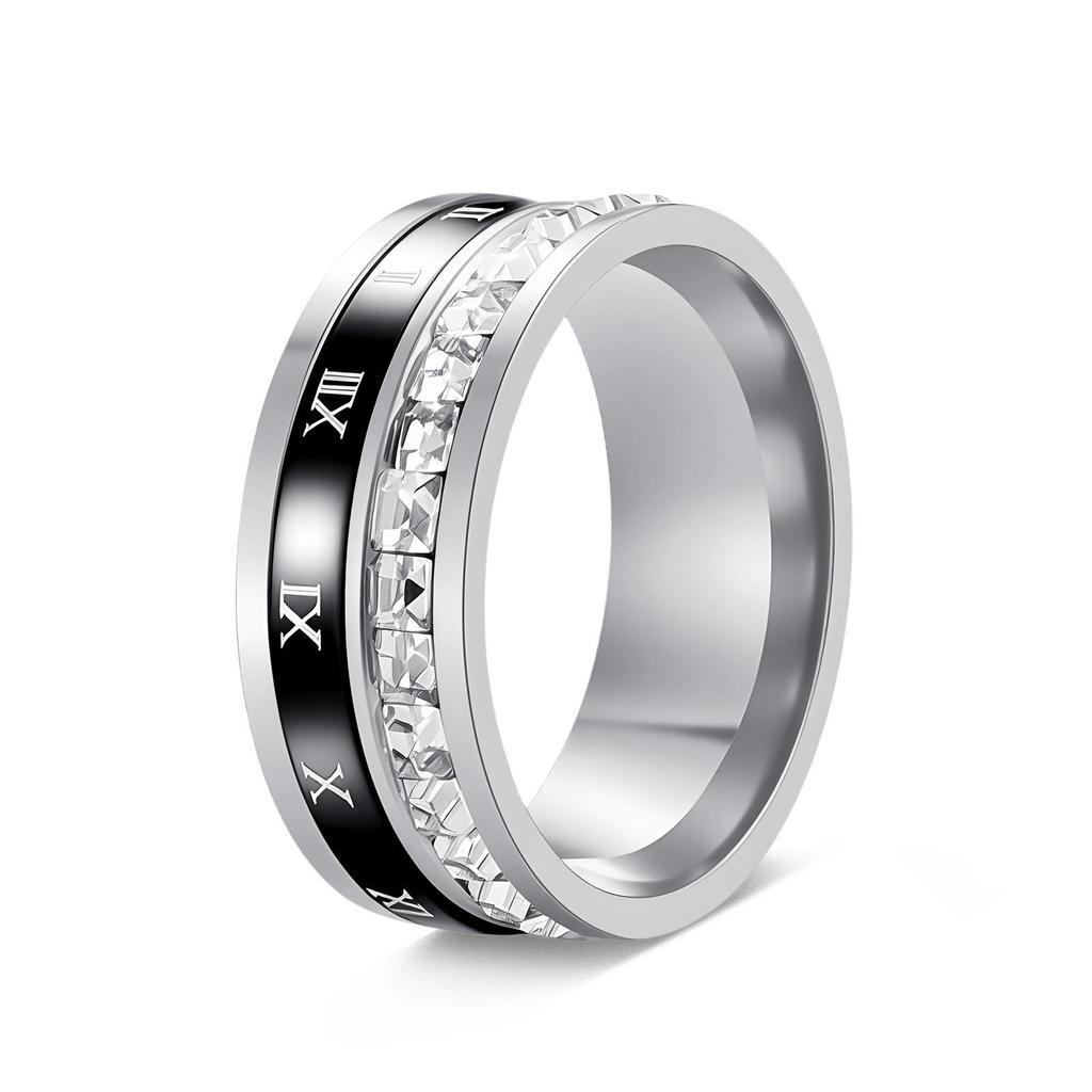 Titanium Steel Roman Numeral Diamond Spinner Couple Ring - Trendy Style