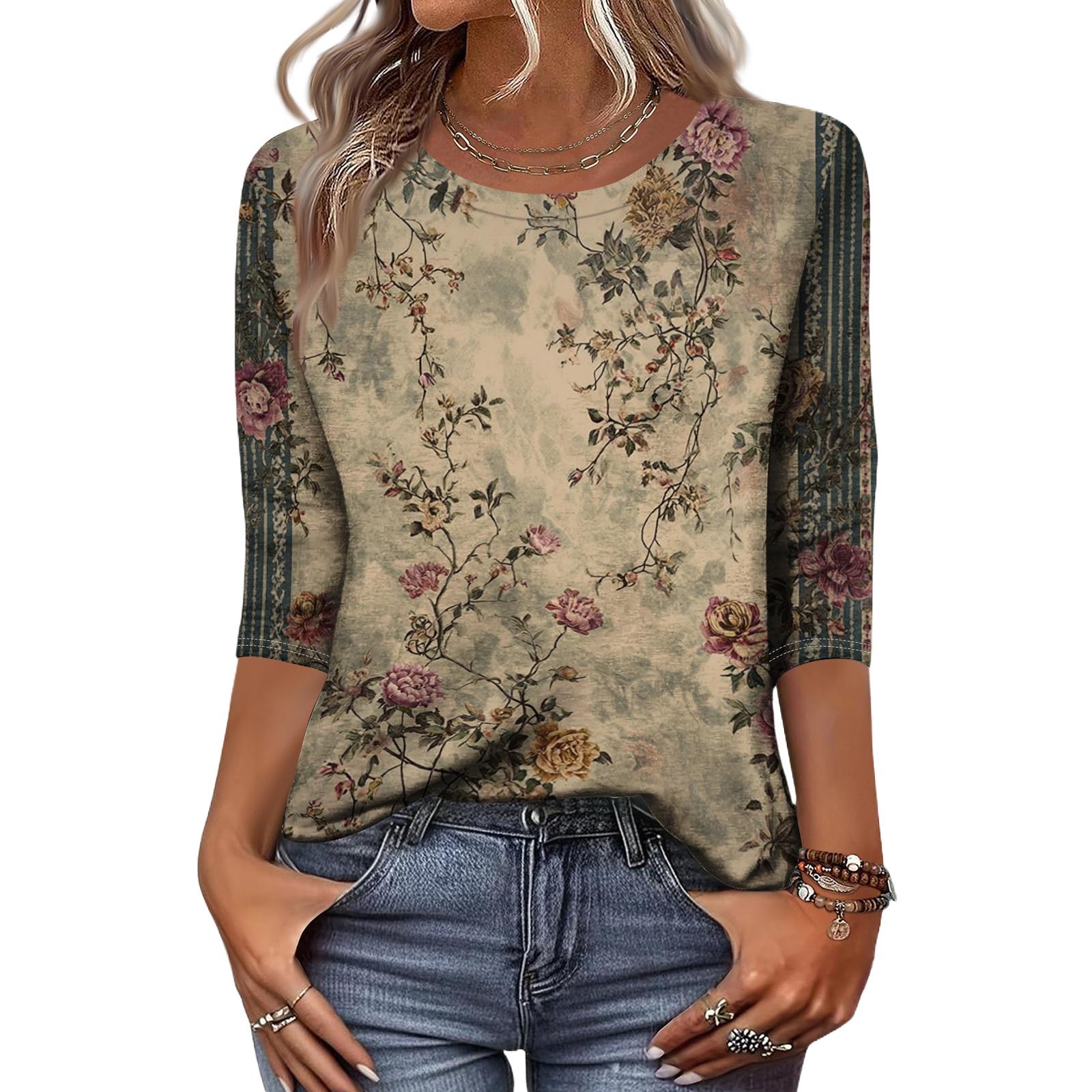 Long Sleeve Shirts for Women Casual Floral Print Womens Long Sleeve Tops Crew Neck Long Sleeve T Shirt Women Loose Fit Long Sleeve Tops for Women XXXL