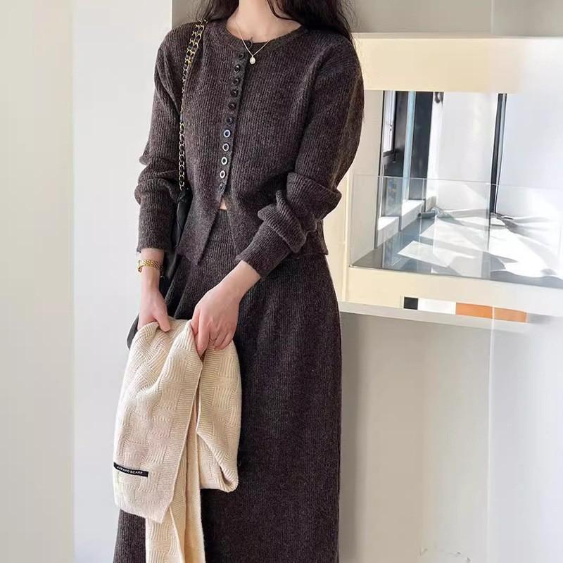 Womens Winter Solid Color Slim Fit Knit Cardigan High Waist Midi Skirt Set Elegant Casual Two Piece Outfit