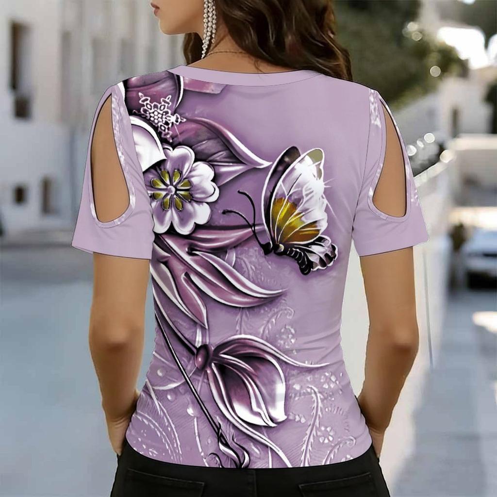 Women V Neck Cold Shoulder Top Light Purple 3D Butterfly Floral Print Short Sleeve Blouse