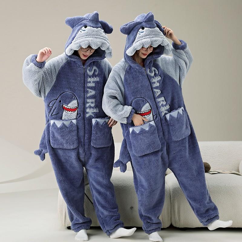 Couples Flannel Dinosaur Onesie Winter Warm Hooded Sleepwear Men Women