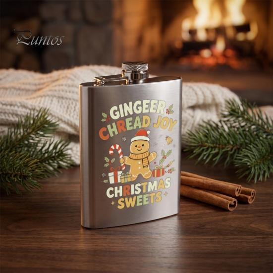 Festive Patterned Drinking Cup Beer Barrel Flask, 8oz Stainless Steel Oil Drum Shaped Flask with Small Gift for Christmas Prints Outdoor Camping Party