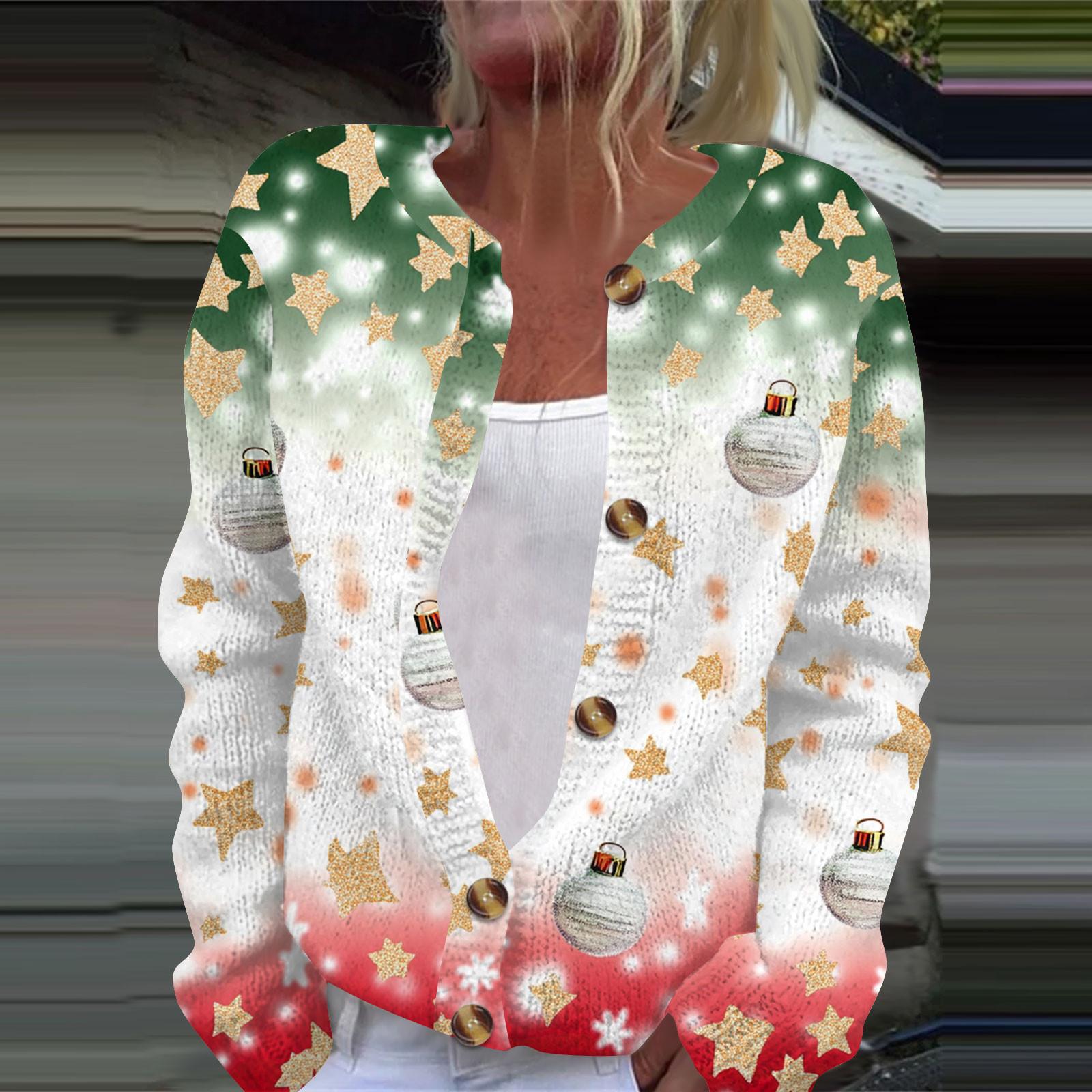 

Женская мода рождественский принт длинный рукав вязаный кардиган пуховик L зелёный
