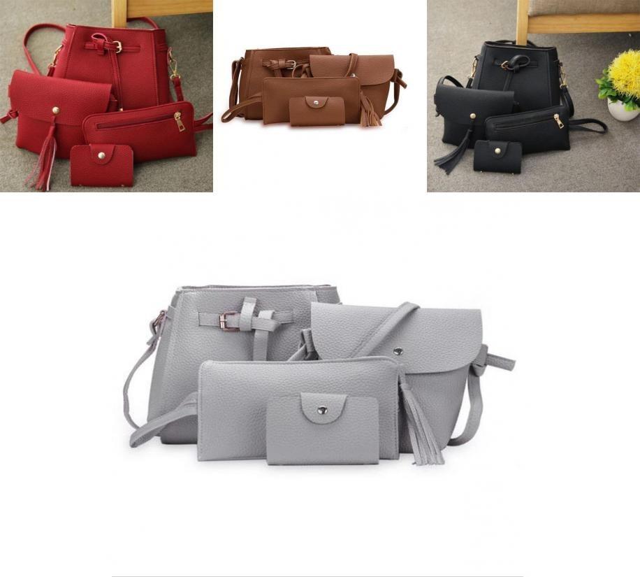 Elegant 4pcs Women Lady Handbag Set In Premium Pu Leather With Adjustable Strap