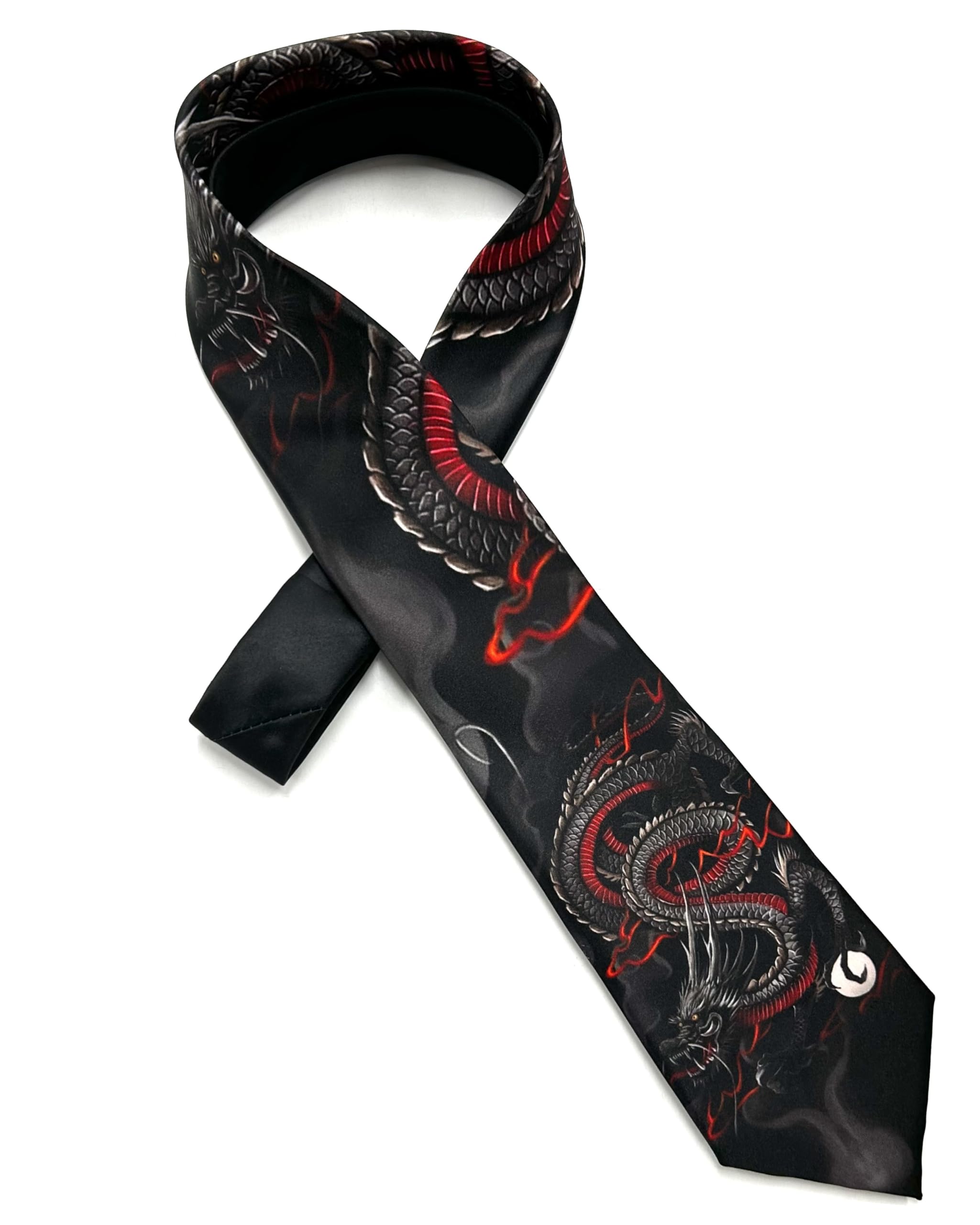 [HANG OVER] Printed Tie - Rising Dragon Design - Black & Red - Japanese Pattern - Silk Touch Polyester - Stylish - Auspicious - Men s - Business &