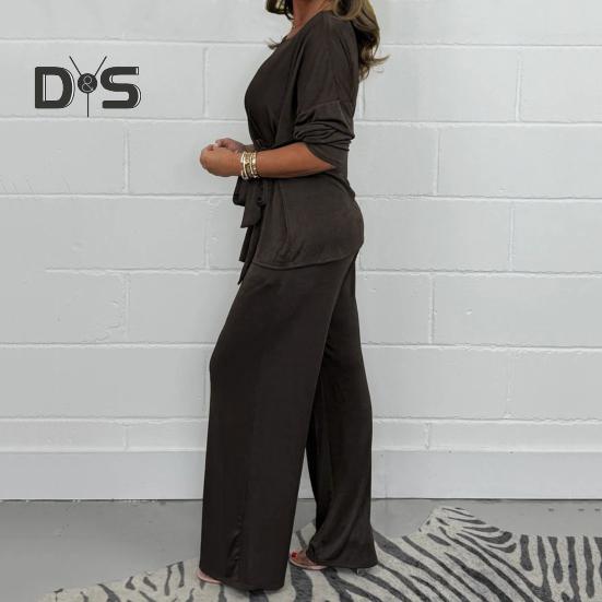 2 szt./zestaw damski top spodnie garnitur okrągły dekolt długie rękawy sznurowana plisowana bluzka elastyczny pas szerokie nogawki spodnie codzienne noszenie strój jesień wiosna dres