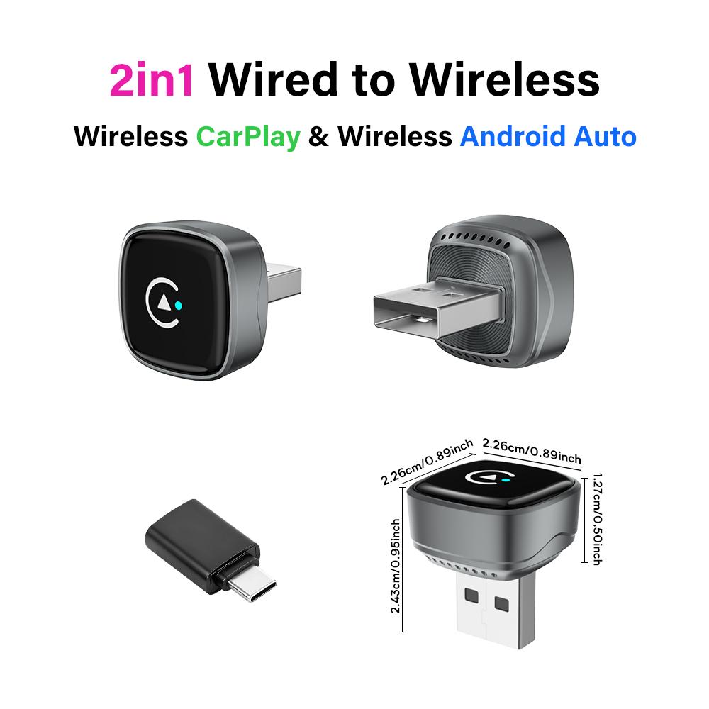 2026 Wireless CarPlay Android Auto Adapter 2in1 Car Play USB Dongle Smart Mini Box Plug and Play Universal for Toyota Honda Ford