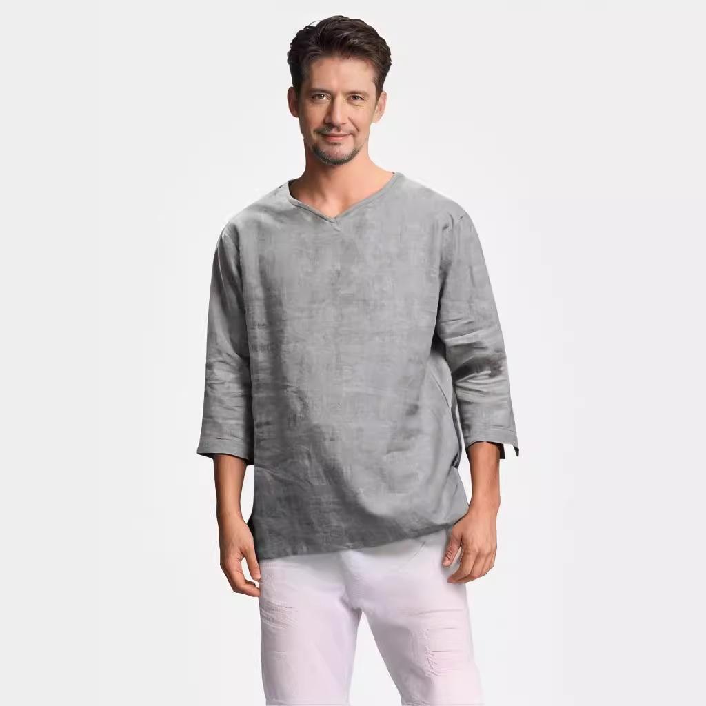 Men's V-Neck Long-Sleeve Cotton Linen Shirt - Anti-Theft Policy Applied