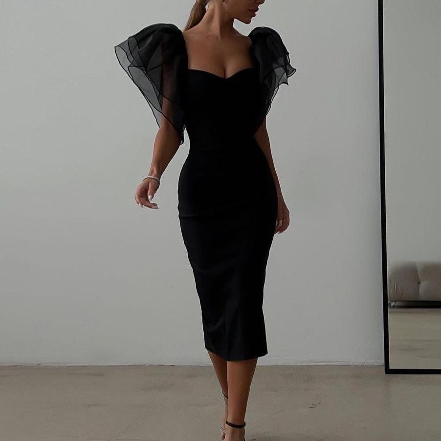 European & American Mesh Ruffle Sleeve Bodycon Midi Dress for Women