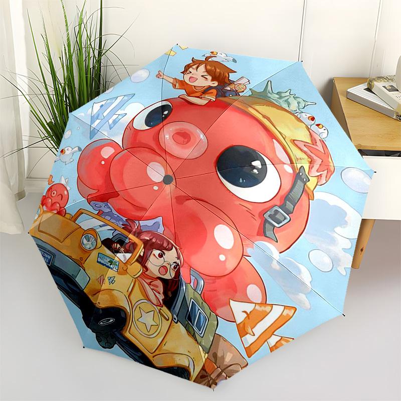 

1pc Outdoor Umbrella with Cute Octopus and Girl Design - Automatic Opening/Closing Umbrella with Portable Tri-Fold Design, 8-Rib Iron Frame, Perf