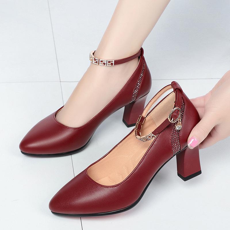 Fashion Ankle Strap High Heels Women's Pumps Fashion Rhinestone Thick Heel Women Office Party Wedding Shoes Woman Shallow Mouth Shoes