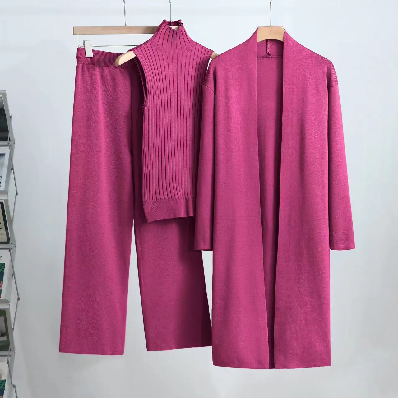 

Зимний женский вязаный свитер, брюки-тройка, свободная блузка, рубашка, свитер и широкие брюки с высокой талией, винтажный повседневный комплект из трех предметов One size