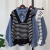 Contrasting Color Striped Splicing Denim Knitted Sweater Top Autumn and Winter New Loose Casual Sweater Pullover Women