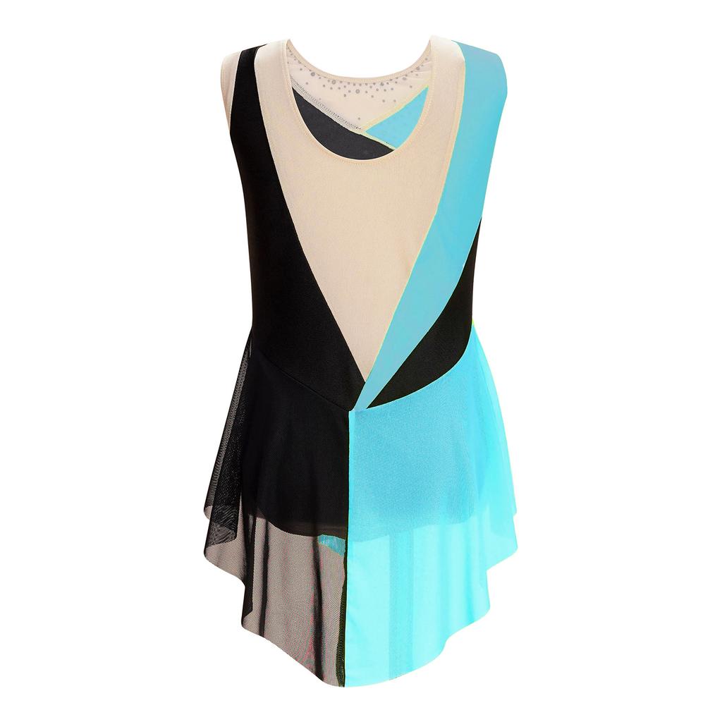 Κοριτσίστικο Λαμπερό Στρινγκ με Στρας Χρωματική Μπλοκ Διχτυωτό Κομμάτι Αμάνικο Μποτιέ Χορού Γυμναστικής