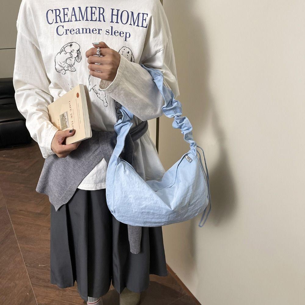 Korean Style Nylon Crossbody Bag Lightweight Large Capacity Pleated Shoulder Bag Solid Color Handbag Canvas Dumpling Bag Daily