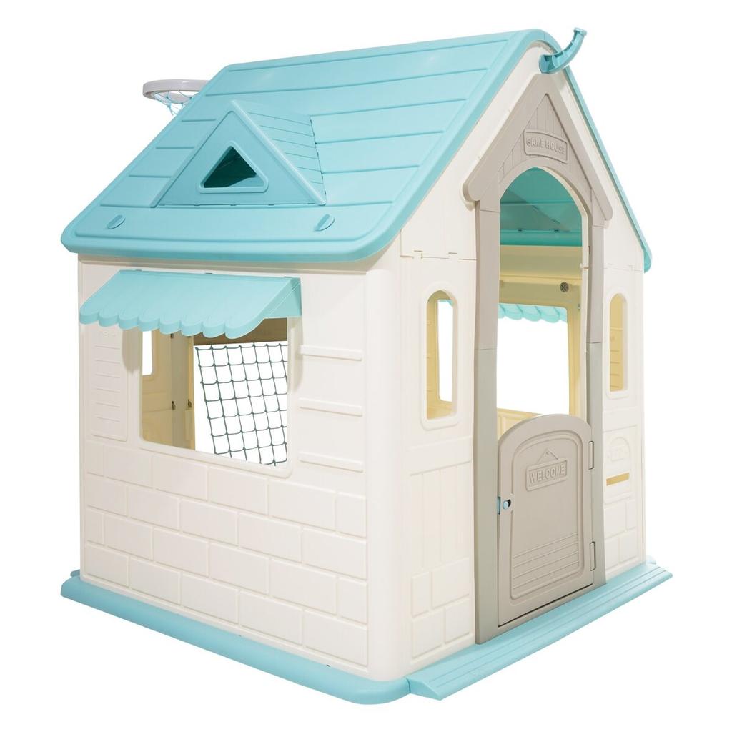 Outdoor Playhouse, 5-In-1 Cottage Play House with Pretend Play, Basketball, Darts, Soccer, Ring Toss, Window & Convenient Door, Toddler Slide Set for
