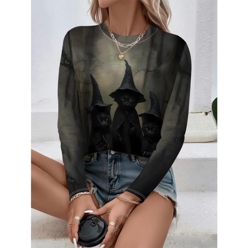 Round Neck 3D Witch Printed Top Casual Long Sleeved Women's T-shirts - Soft Medium Stretch Polyester Fabric Spring and Autumn Relaxed Fit Clothing