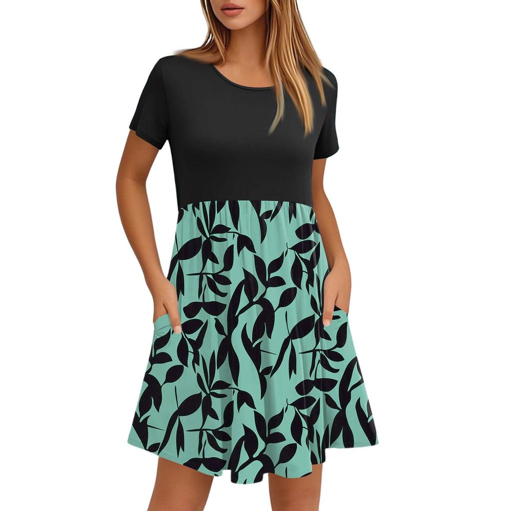 Women's Fashion Casual Loose Round Neck Short Sleeve Printed Pocket Dresses