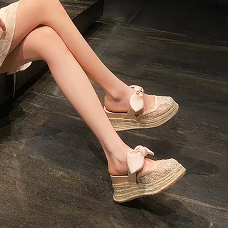 Summer bow lace mesh bag head slippers women's summer wear thick bottom muffin straw bottom temperament