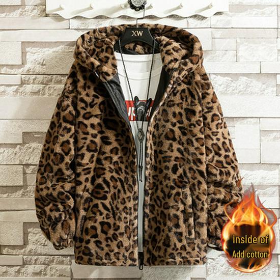 Retro Leopard Print Cotton Jacket with Hood - Hip Hop Style, Loose Fit, Plus Velvet, Thickened for Autumn & Winter