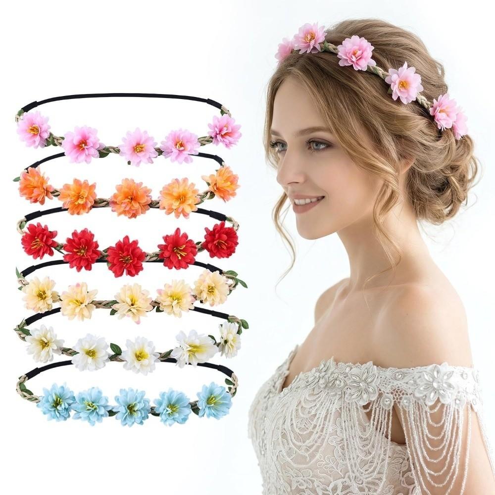 Adjustable Ribbon Floral Wreath Crown Pink Rose Bohemia Garland Headpiece  for Girls Women