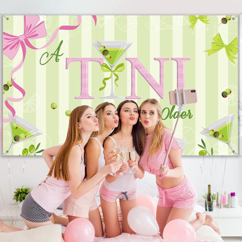 Tiamon a Tini Bit Older Party Decorations Martini Bow Birthday Backdrop Banner Large Fabric Green Pink Martini Bar Birthday Photo Backdrop for