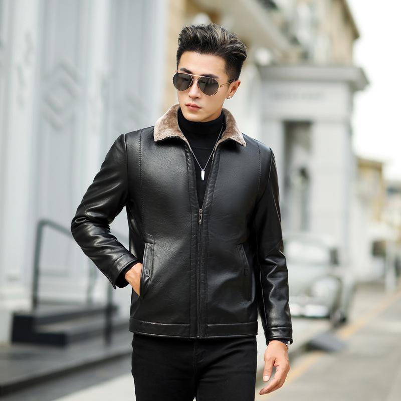 

Leather jacket men s middle-aged lapel fur one-piece men s velvet thickened PU washed leather jacket men s jacket 3XL