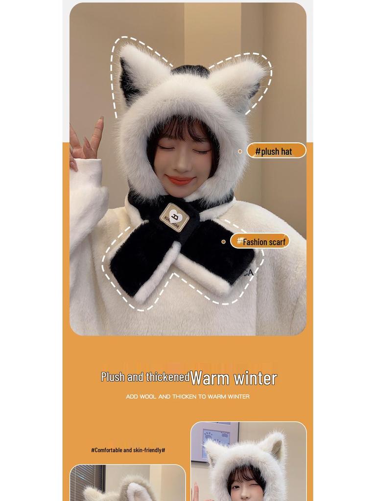 Women's Autumn & Winter Plush Red Hat and Scarf with Cute Fox Ears - Warm Neck Warmer for Cycling