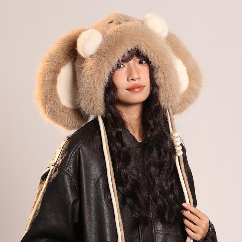 Looping Ears Rabbit Hat for Women with Furry Pullover Hat Showing Face Small Ear Protection Bag Head Hat Thickened Lei Feng Hat Trendy